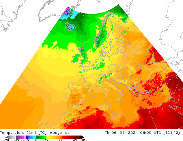 Temperatura (2m) Arpege-eu Qui 06.06.2024 06 UTC