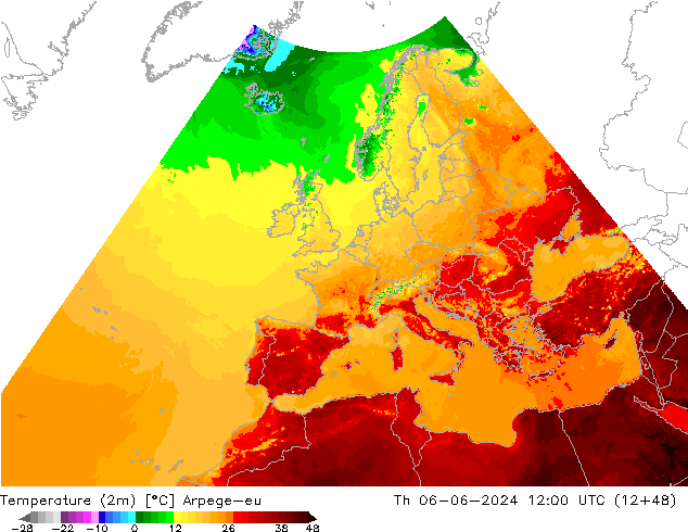 Temperatura (2m) Arpege-eu jue 06.06.2024 12 UTC