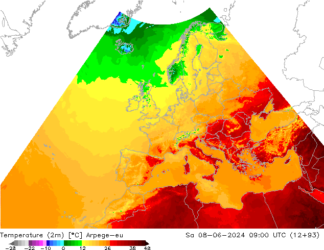 Temperaturkarte (2m) Arpege-eu Sa 08.06.2024 09 UTC