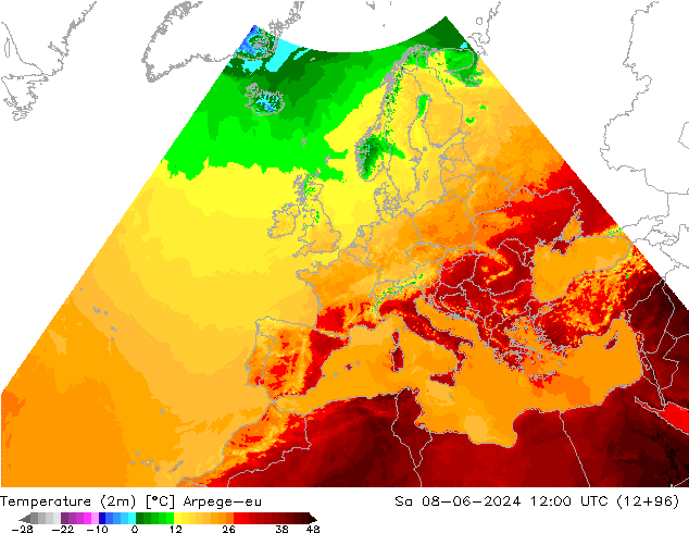 Temperature (2m) Arpege-eu Sa 08.06.2024 12 UTC