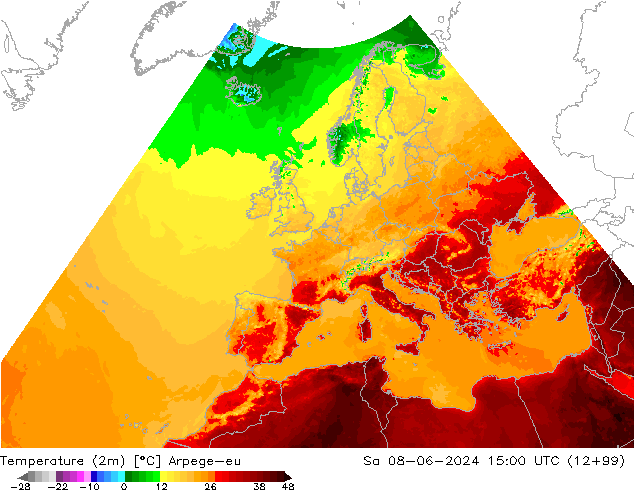 Temperatuurkaart (2m) Arpege-eu za 08.06.2024 15 UTC