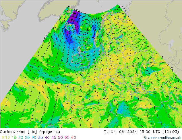 Surface wind Arpege-eu Tu 04.06.2024 15 UTC