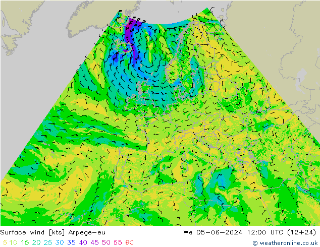 Vent 10 m Arpege-eu mer 05.06.2024 12 UTC