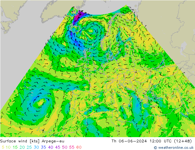 Viento 10 m Arpege-eu jue 06.06.2024 12 UTC