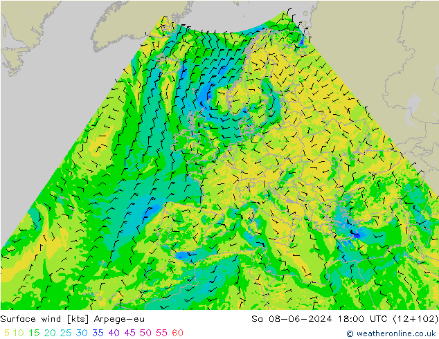 wiatr 10 m Arpege-eu so. 08.06.2024 18 UTC