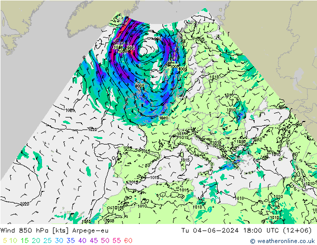 Rüzgar 850 hPa Arpege-eu Sa 04.06.2024 18 UTC