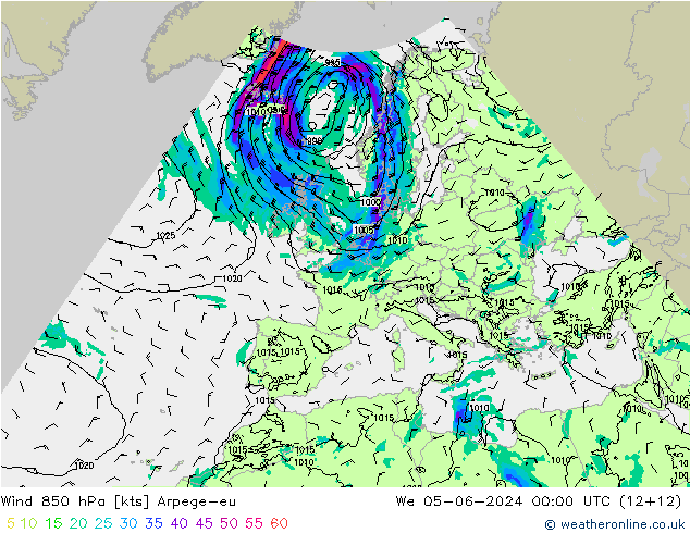 Wind 850 hPa Arpege-eu St 05.06.2024 00 UTC