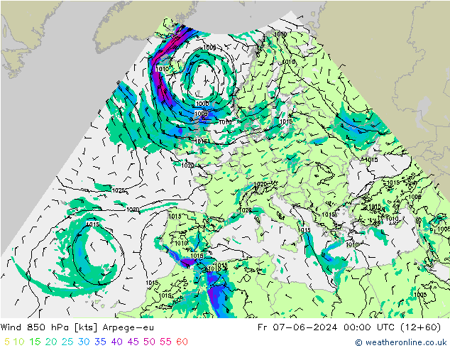 Wind 850 hPa Arpege-eu Fr 07.06.2024 00 UTC