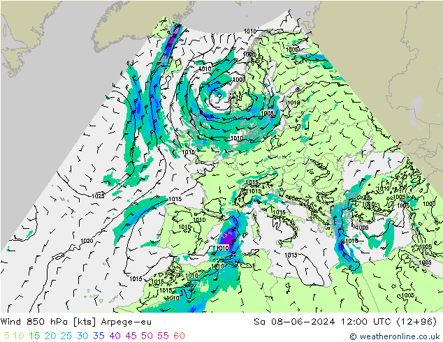 Wind 850 hPa Arpege-eu za 08.06.2024 12 UTC