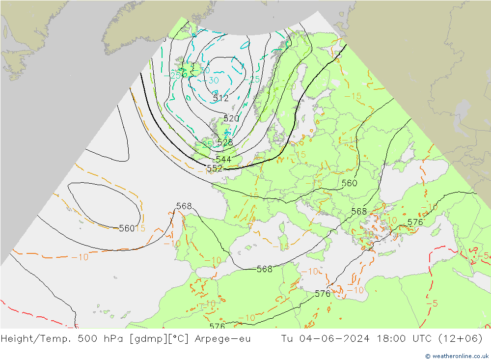 Height/Temp. 500 hPa Arpege-eu Út 04.06.2024 18 UTC