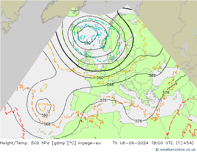 Height/Temp. 500 гПа Arpege-eu чт 06.06.2024 18 UTC