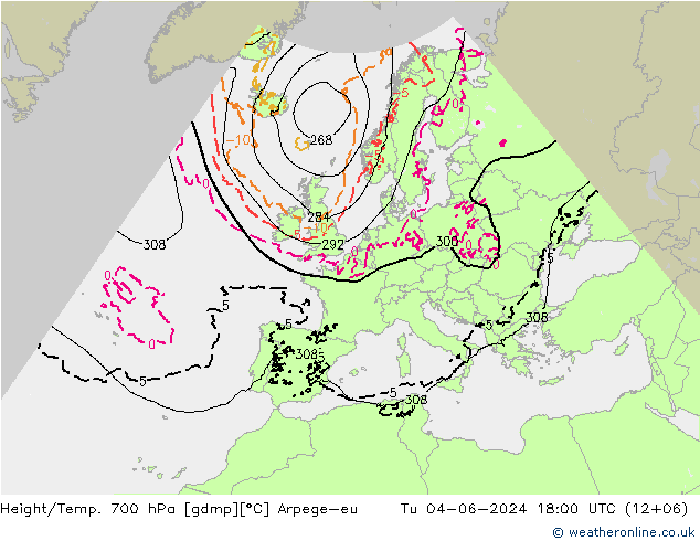 Height/Temp. 700 hPa Arpege-eu Tu 04.06.2024 18 UTC