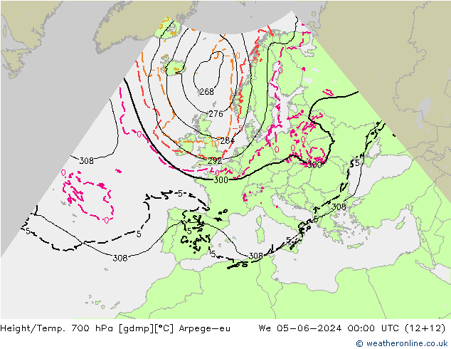 Height/Temp. 700 hPa Arpege-eu Mi 05.06.2024 00 UTC