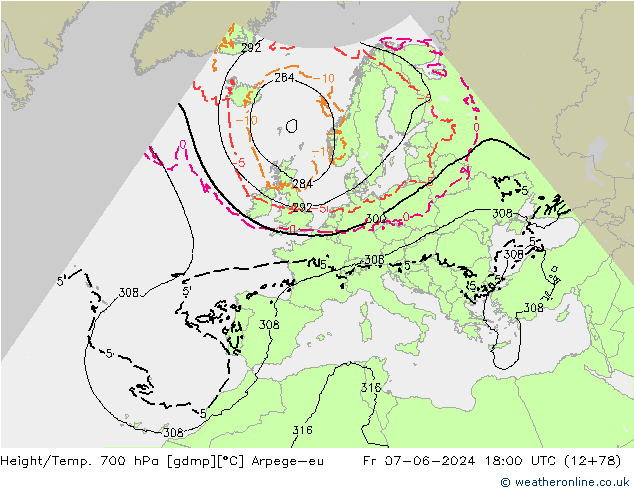 Géop./Temp. 700 hPa Arpege-eu ven 07.06.2024 18 UTC