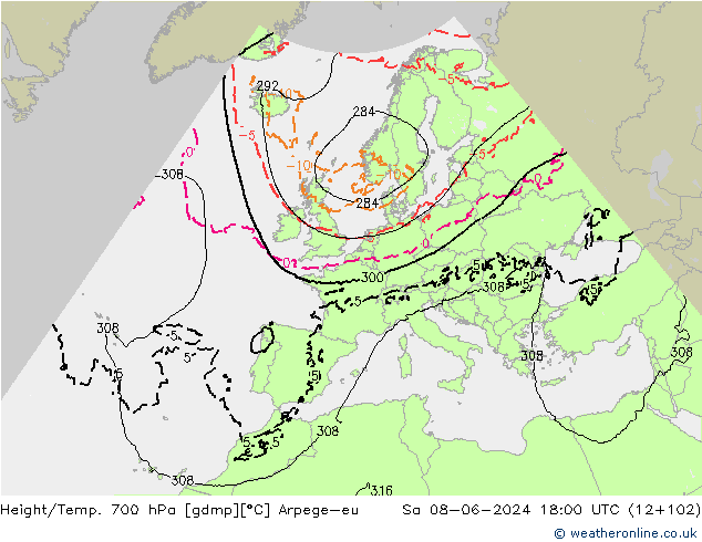 Height/Temp. 700 hPa Arpege-eu Sáb 08.06.2024 18 UTC