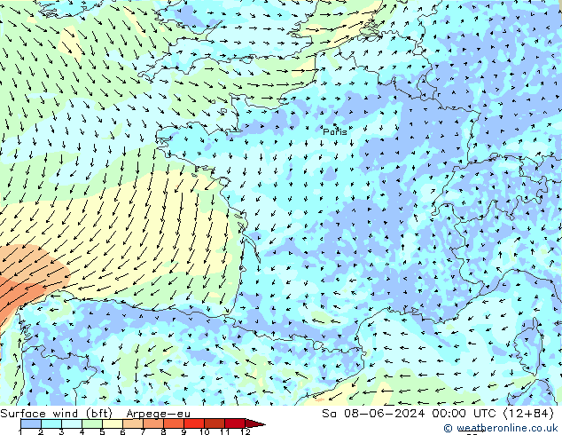 Viento 10 m (bft) Arpege-eu sáb 08.06.2024 00 UTC