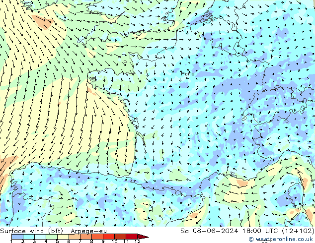 Surface wind (bft) Arpege-eu Sa 08.06.2024 18 UTC