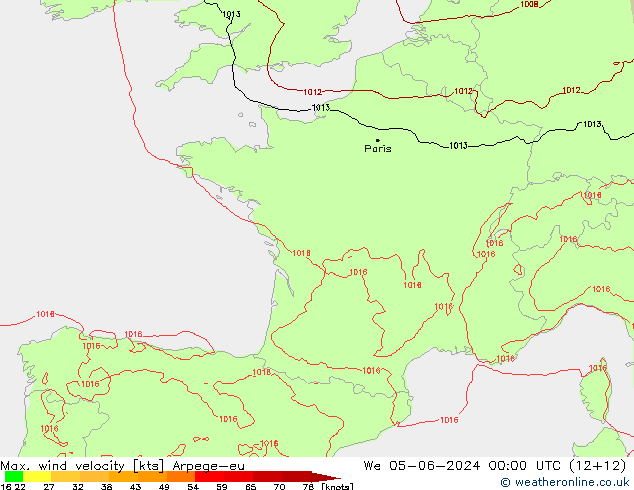 Max. wind velocity Arpege-eu We 05.06.2024 00 UTC