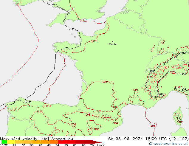 Max. wind velocity Arpege-eu  08.06.2024 18 UTC