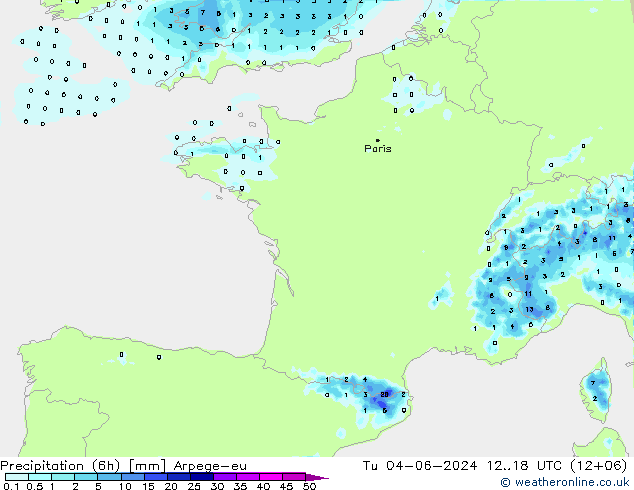 Precipitação (6h) Arpege-eu Ter 04.06.2024 18 UTC