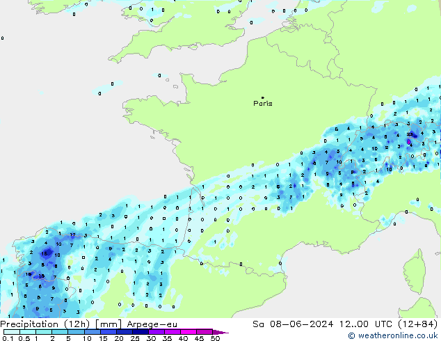 осадки (12h) Arpege-eu сб 08.06.2024 00 UTC