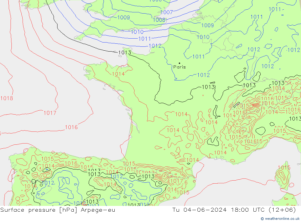 Surface pressure Arpege-eu Tu 04.06.2024 18 UTC