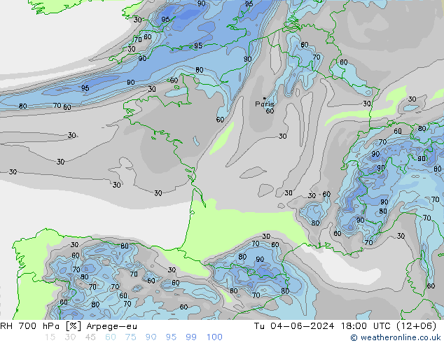 RH 700 hPa Arpege-eu wto. 04.06.2024 18 UTC