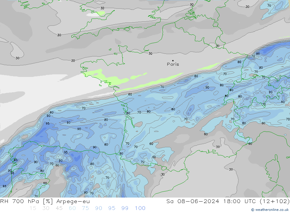 RH 700 hPa Arpege-eu sab 08.06.2024 18 UTC