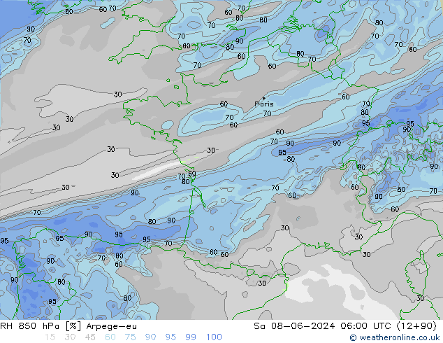 RH 850 hPa Arpege-eu Sa 08.06.2024 06 UTC