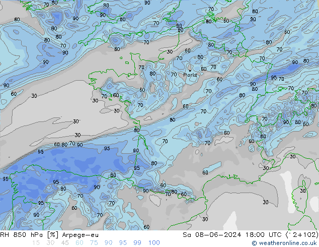 Humidité rel. 850 hPa Arpege-eu sam 08.06.2024 18 UTC