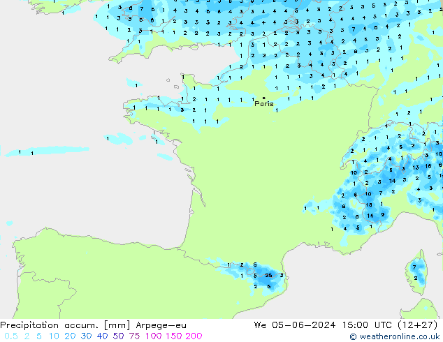 Precipitation accum. Arpege-eu śro. 05.06.2024 15 UTC