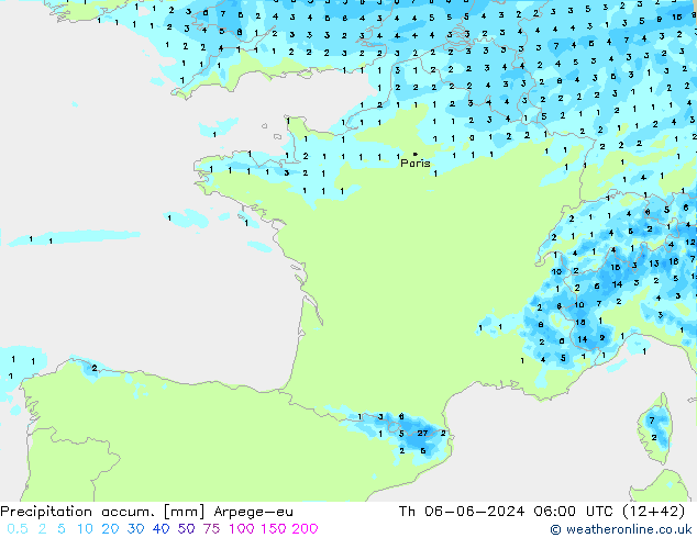 Precipitation accum. Arpege-eu Th 06.06.2024 06 UTC