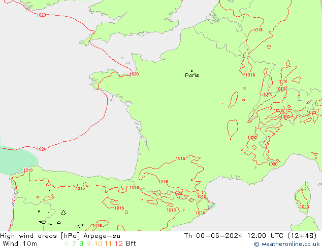 High wind areas Arpege-eu Th 06.06.2024 12 UTC