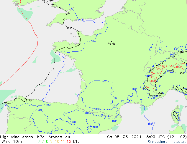 Windvelden Arpege-eu za 08.06.2024 18 UTC