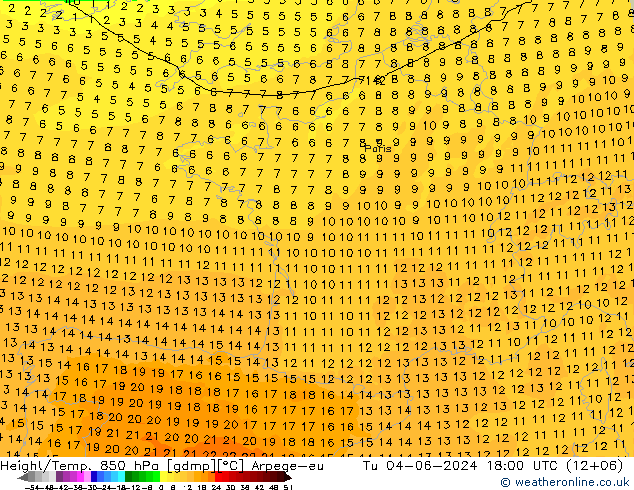 Yükseklik/Sıc. 850 hPa Arpege-eu Sa 04.06.2024 18 UTC