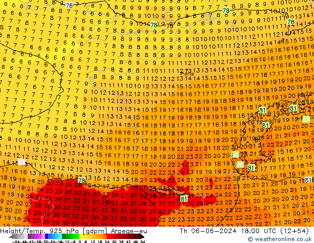 Height/Temp. 925 hPa Arpege-eu Th 06.06.2024 18 UTC