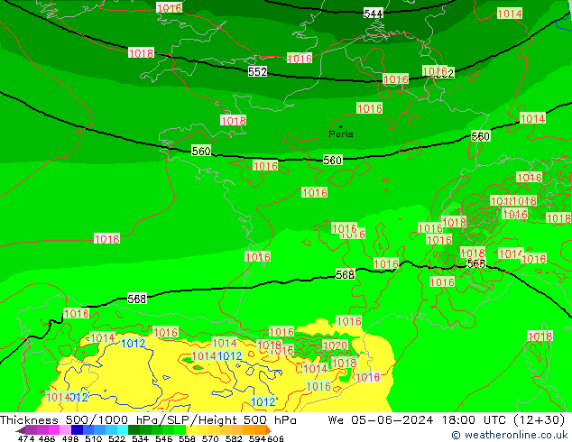 Dikte 500-1000hPa Arpege-eu wo 05.06.2024 18 UTC