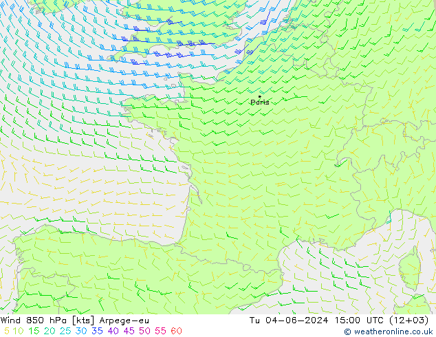 wiatr 850 hPa Arpege-eu wto. 04.06.2024 15 UTC