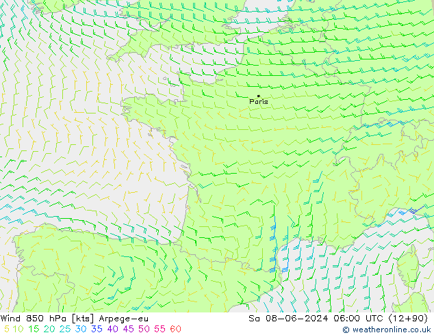 Wind 850 hPa Arpege-eu Sa 08.06.2024 06 UTC