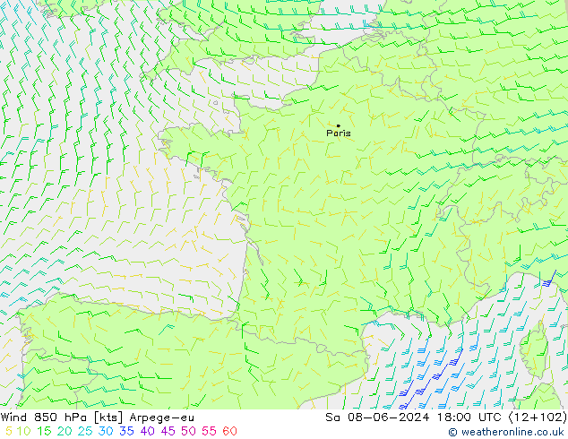 Vent 850 hPa Arpege-eu sam 08.06.2024 18 UTC