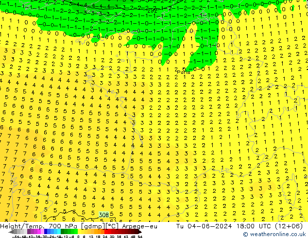 Géop./Temp. 700 hPa Arpege-eu mar 04.06.2024 18 UTC