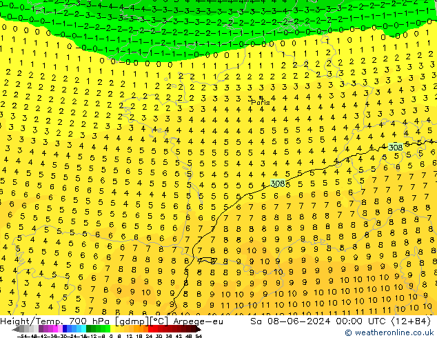 Height/Temp. 700 гПа Arpege-eu сб 08.06.2024 00 UTC