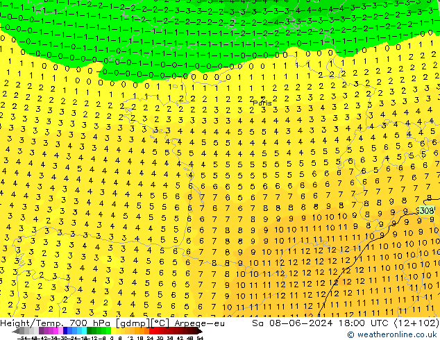 Hoogte/Temp. 700 hPa Arpege-eu za 08.06.2024 18 UTC