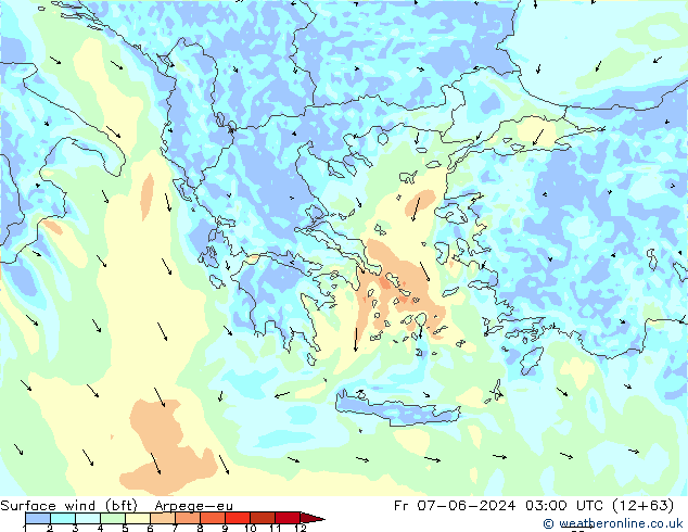 Surface wind (bft) Arpege-eu Fr 07.06.2024 03 UTC