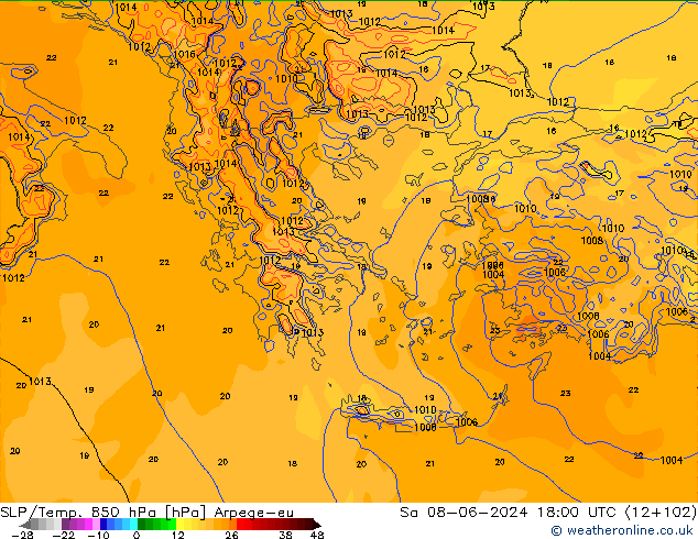 SLP/Temp. 850 hPa Arpege-eu za 08.06.2024 18 UTC