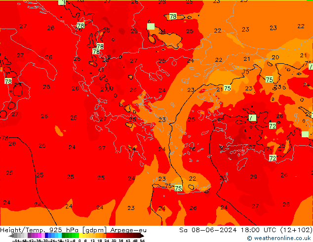 Height/Temp. 925 hPa Arpege-eu Sa 08.06.2024 18 UTC