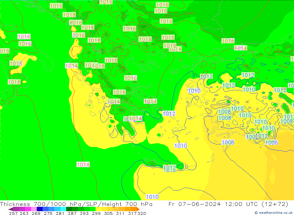 Thck 700-1000 hPa Arpege-eu Fr 07.06.2024 12 UTC