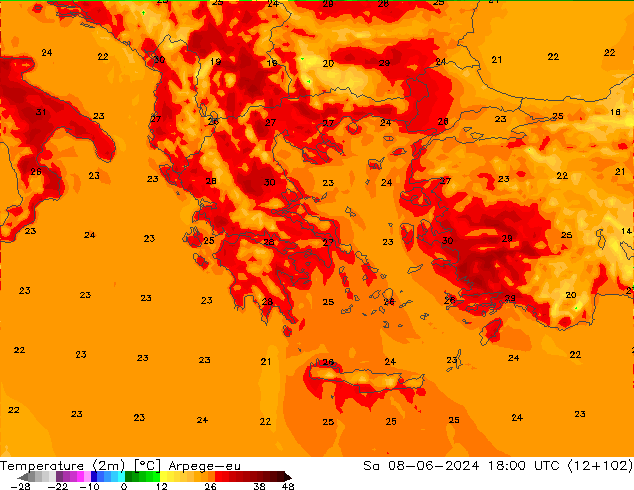 Temperature (2m) Arpege-eu Sa 08.06.2024 18 UTC