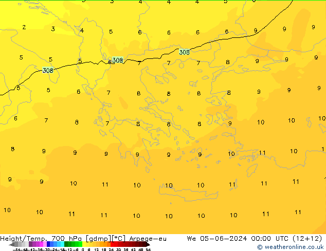 Height/Temp. 700 hPa Arpege-eu St 05.06.2024 00 UTC