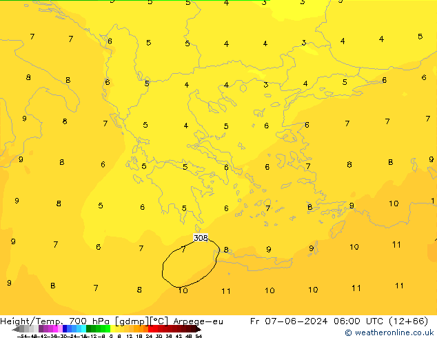 Height/Temp. 700 hPa Arpege-eu Pá 07.06.2024 06 UTC